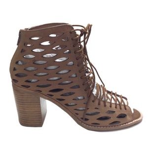 Vintage x Jeffrey Campbell Cors Lasercut Lace-Up Open Toe Leather Block Heel 8.5